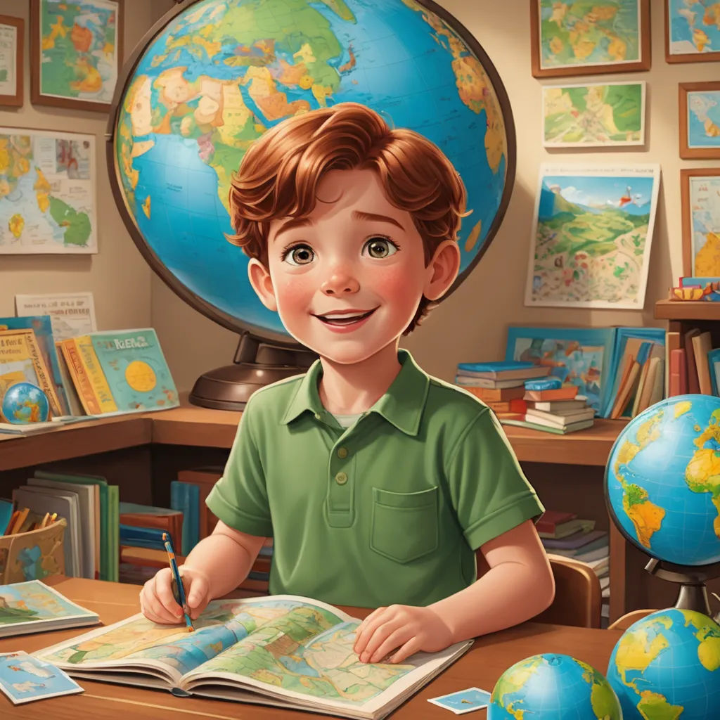 a boy sitting at a desk with a book and a globe in the background and a globe on the wall, paris school, a storybook illustration, Chris LaBrooy, storybook illustration