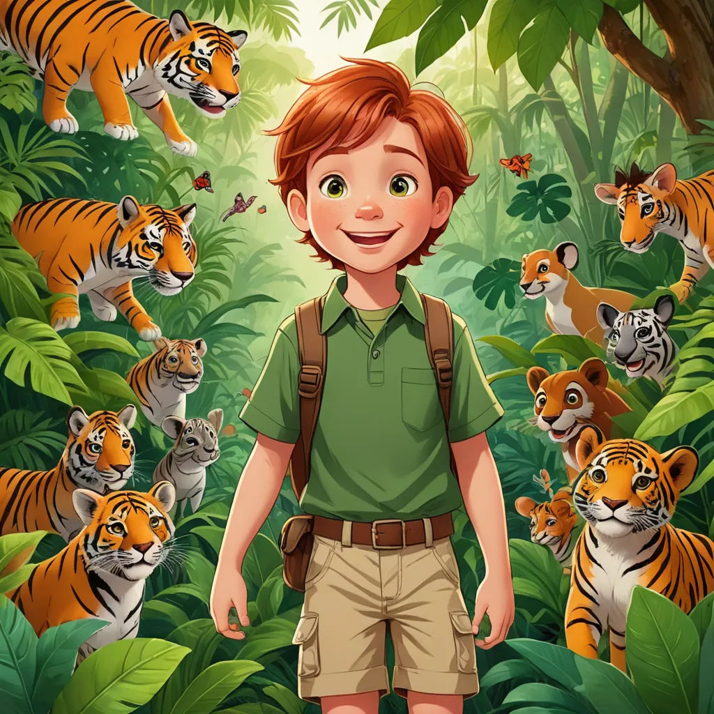 a boy in a green shirt and some tigers in the jungle with a backpack on his shoulder and a backpack on his shoulder, furry art, a storybook illustration, Cliff Childs, promotional image