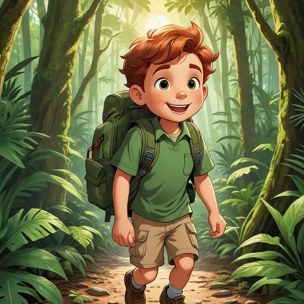 a boy with a backpack walking through a forest with a trail in the background and sunlight coming through the trees, sots art, a character portrait, Diego Gisbert Llorens, promotional image