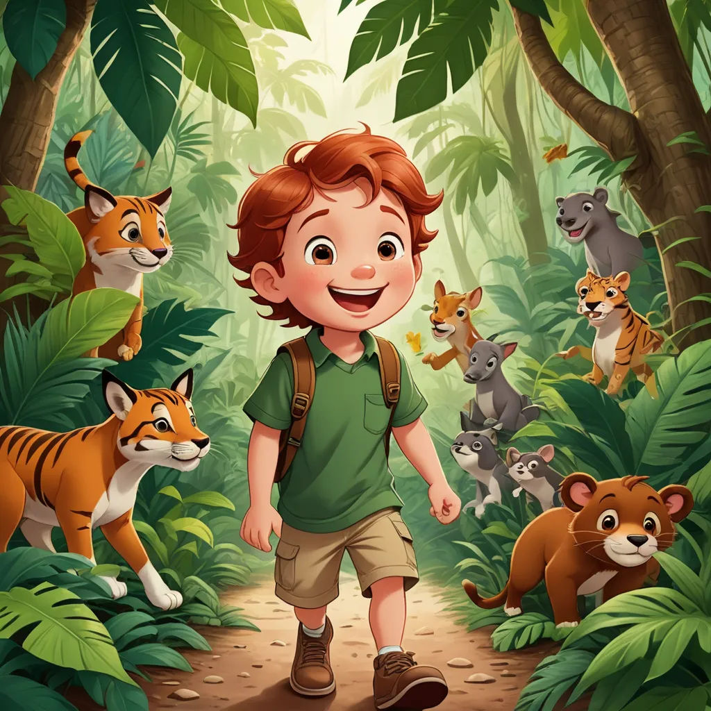 a boy in a green shirt is standing in the jungle with many animals around him and smiling at the camera, lyco art, a storybook illustration, Diego Gisbert Llorens, storybook illustration