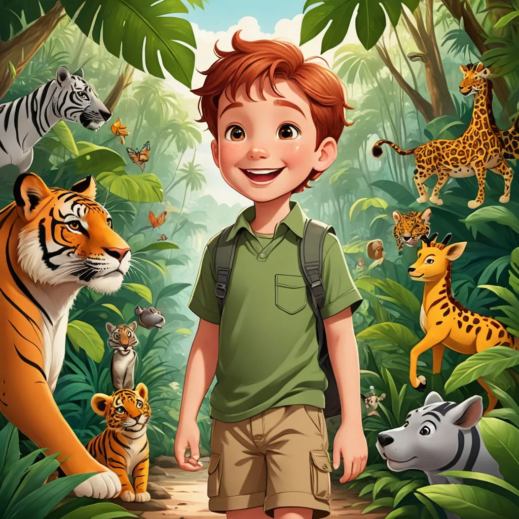 a boy in a green shirt standing in front of a jungle with tigers and other animals on it and a tiger in the background, lyco art, a storybook illustration, Cliff Childs, promotional image