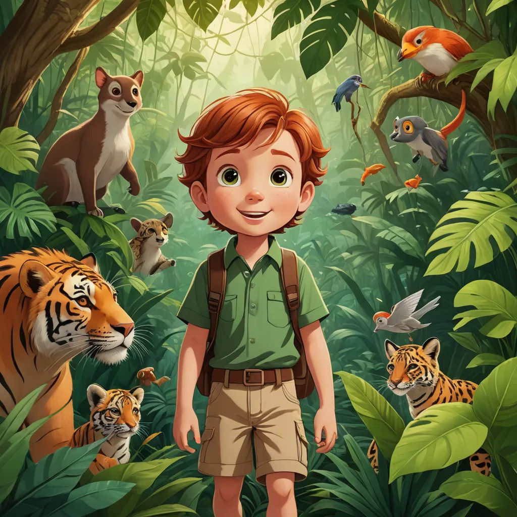 a boy in a jungle with animals around him and a tiger in the background with a bird on his shoulder, sots art, a storybook illustration, Cliff Childs, promotional image