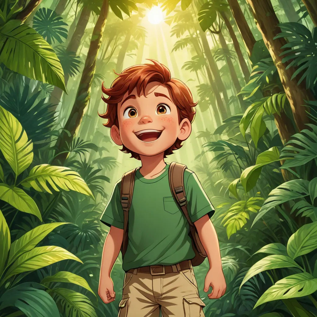 a boy in a green shirt standing in a jungle with a backpack on his back and a sunbeam in the background, sots art, a character portrait, Diego Gisbert Llorens, rossdraws global illumination