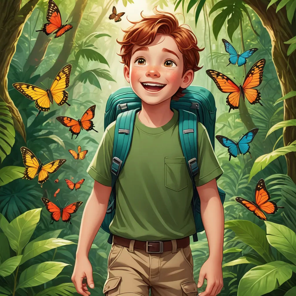 a boy with a backpack in the middle of a jungle with butterflies flying around him and smiling at the camera, magical realism, a storybook illustration, Aaron Jasinski, comic cover art