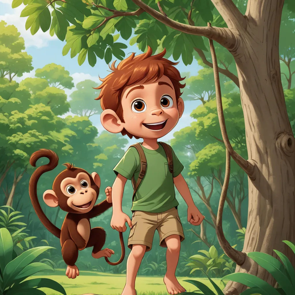 a boy and a monkey in a jungle with trees and bushes in the background illustration by alex krawc, primitivism, a storybook illustration, Diego Gisbert Llorens, promotional image