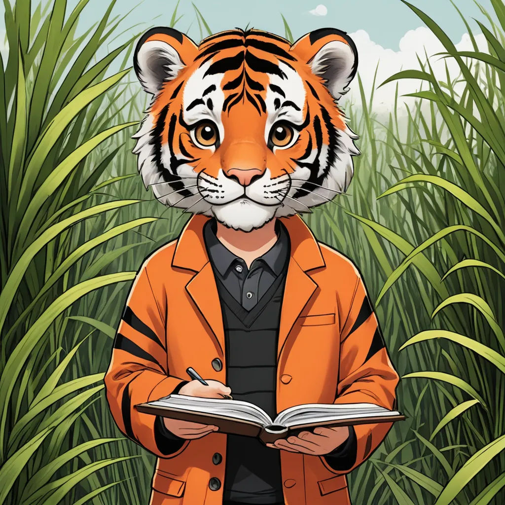 a tiger is standing in a field of tall grass and holding a book in his hands and a man in an orange jacket is standing in front of the grass, furry art, a character portrait, Andrew Stevovich, character portrait