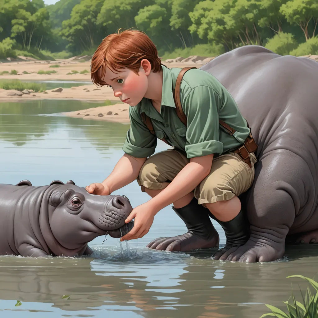 a boy is petting a hippo in the water while another hippo looks on from the other side, magical realism, a storybook illustration, Aaron Jasinski, storybook illustration