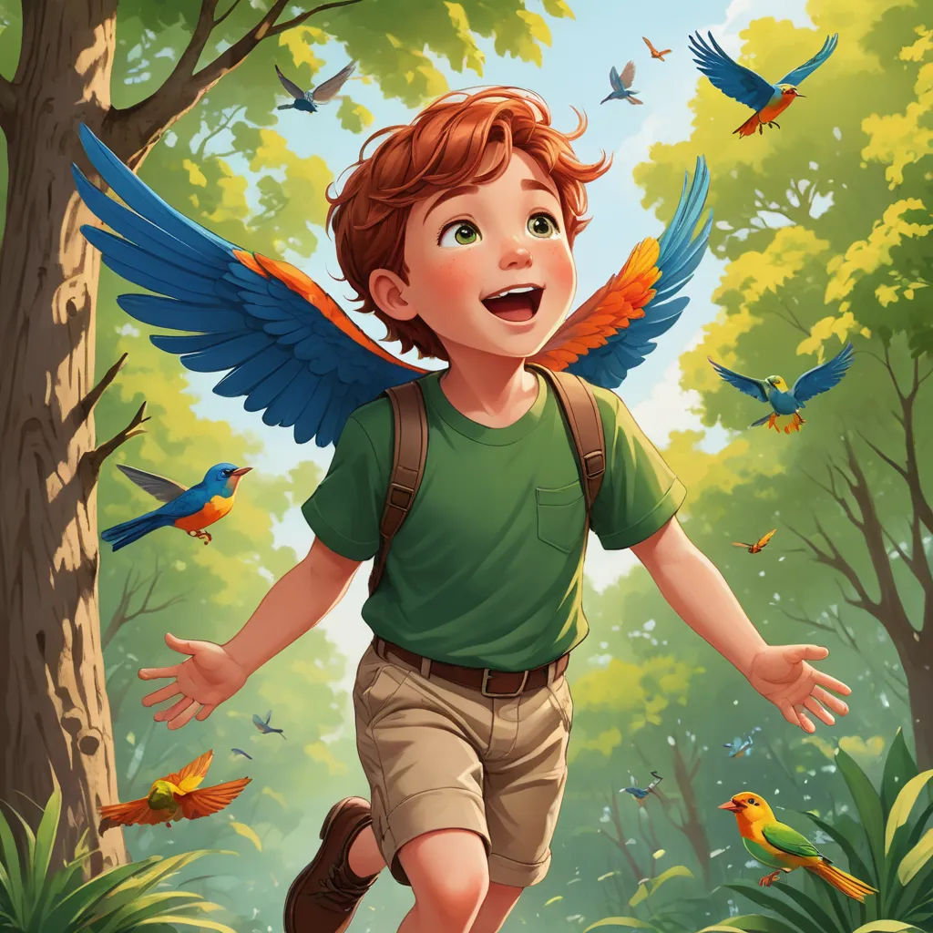 a boy with a backpack and a backpack running through a forest with birds flying around him and a bird flying above him, fantasy art, a storybook illustration, Aaron Jasinski, rossdraws global illumination