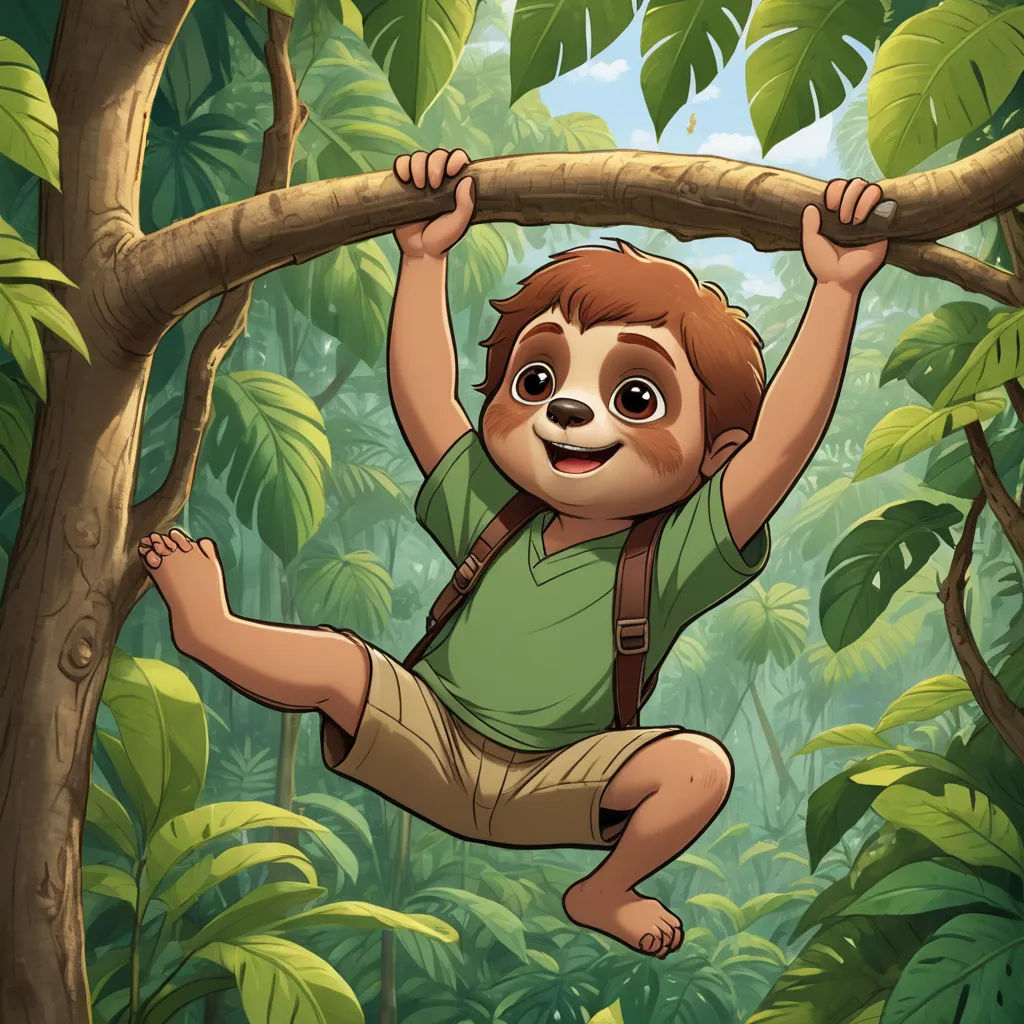 a cartoon sloth hanging on a tree branch in the jungle with a backpack on his back and a smile on his face, sots art, a storybook illustration, Diego Gisbert Llorens, official art