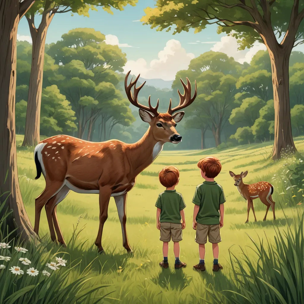 a painting of two boys and a deer in a forest with trees and flowers in the background, with a boy looking at the deer, american scene painting, a storybook illustration, Chris LaBrooy, storybook illustration
