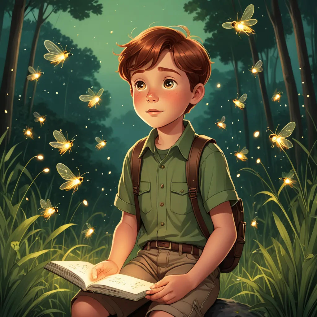 a boy sitting on a rock reading a book in the woods with butterflies flying around him and a forest of grass and trees, fantasy art, a storybook illustration, Aaron Jasinski, fireflies