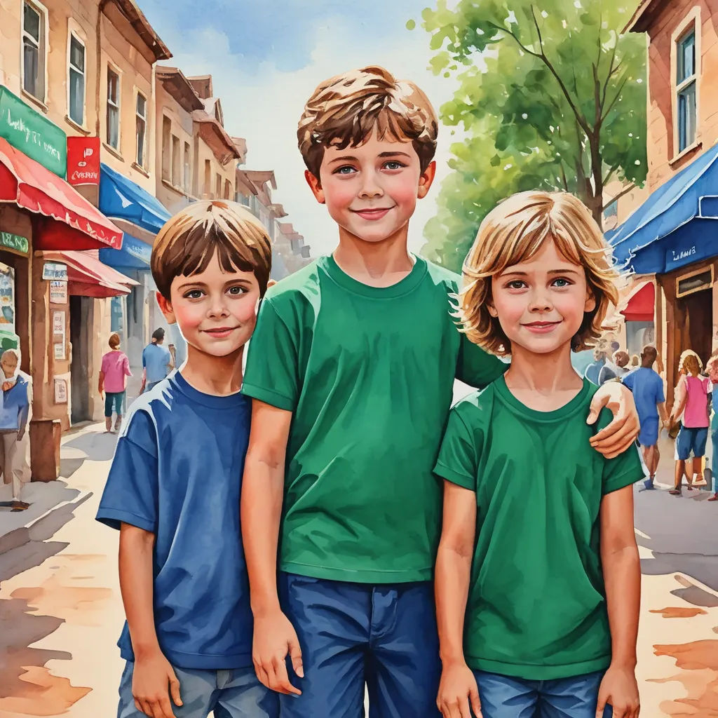 a painting of three boys standing in front of a store front with a woman and a child in the background, american scene painting, a detailed painting, Brothers Hildebrandt, highly detailed oil painting