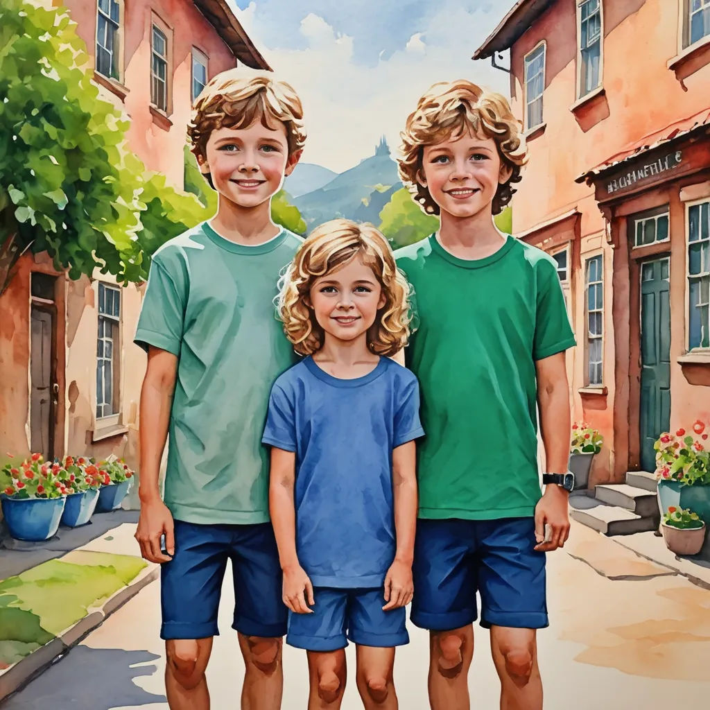 a painting of three children standing in front of a building with a mountain in the background and a blue sky, american scene painting, an airbrush painting, Brothers Hildebrandt, extremely detailed oil painting