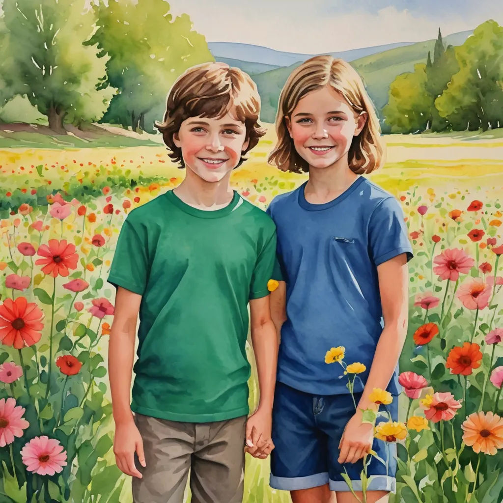 a painting of two children standing in a field of flowers with a mountain in the background and a field of flowers in the foreground, naive art, an ultrafine detailed painting, Bob Byerley, detailed painting