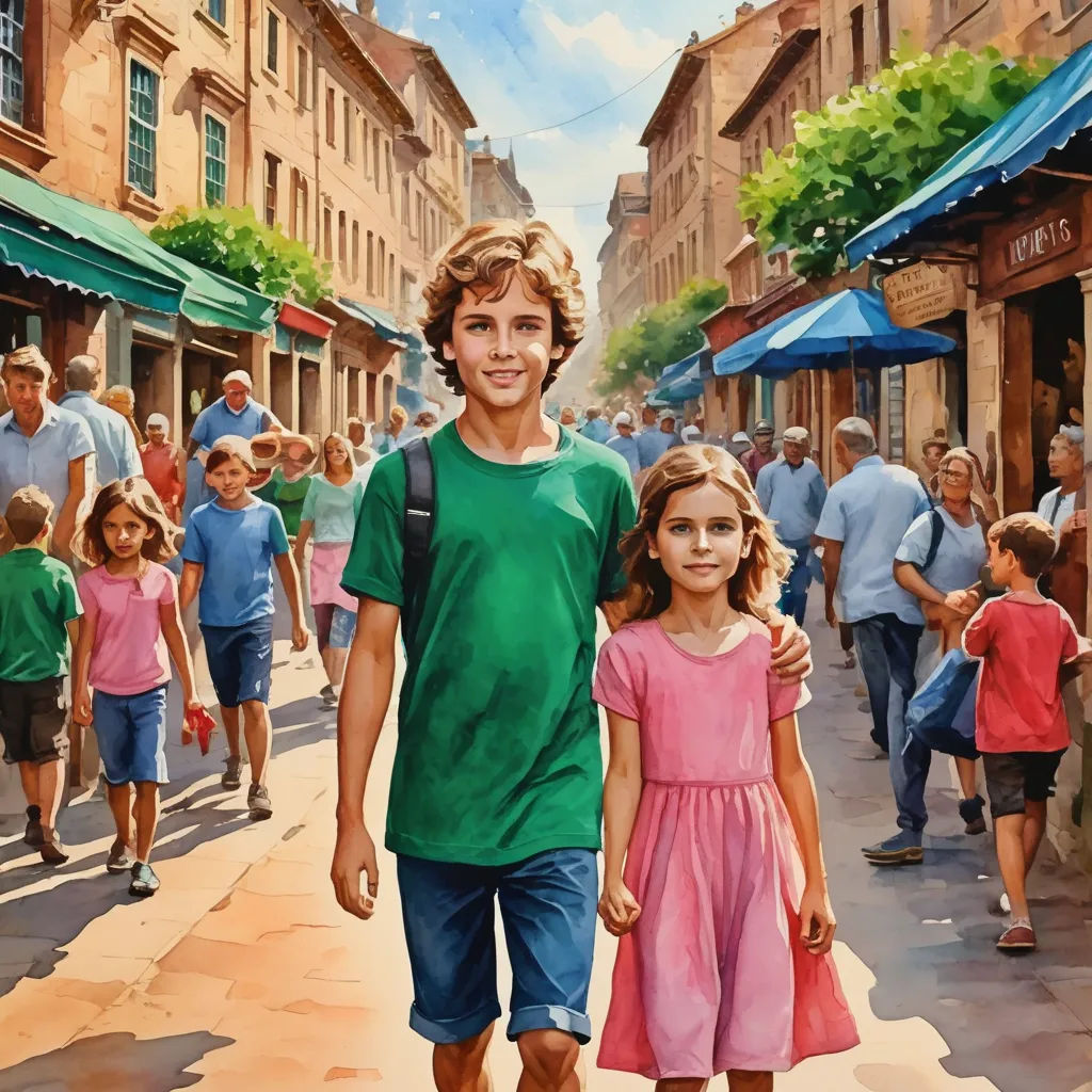 a painting of a man and a girl walking down a street with a crowd of people behind them on a sunny day, photorealism, a storybook illustration, Bob Byerley, official art