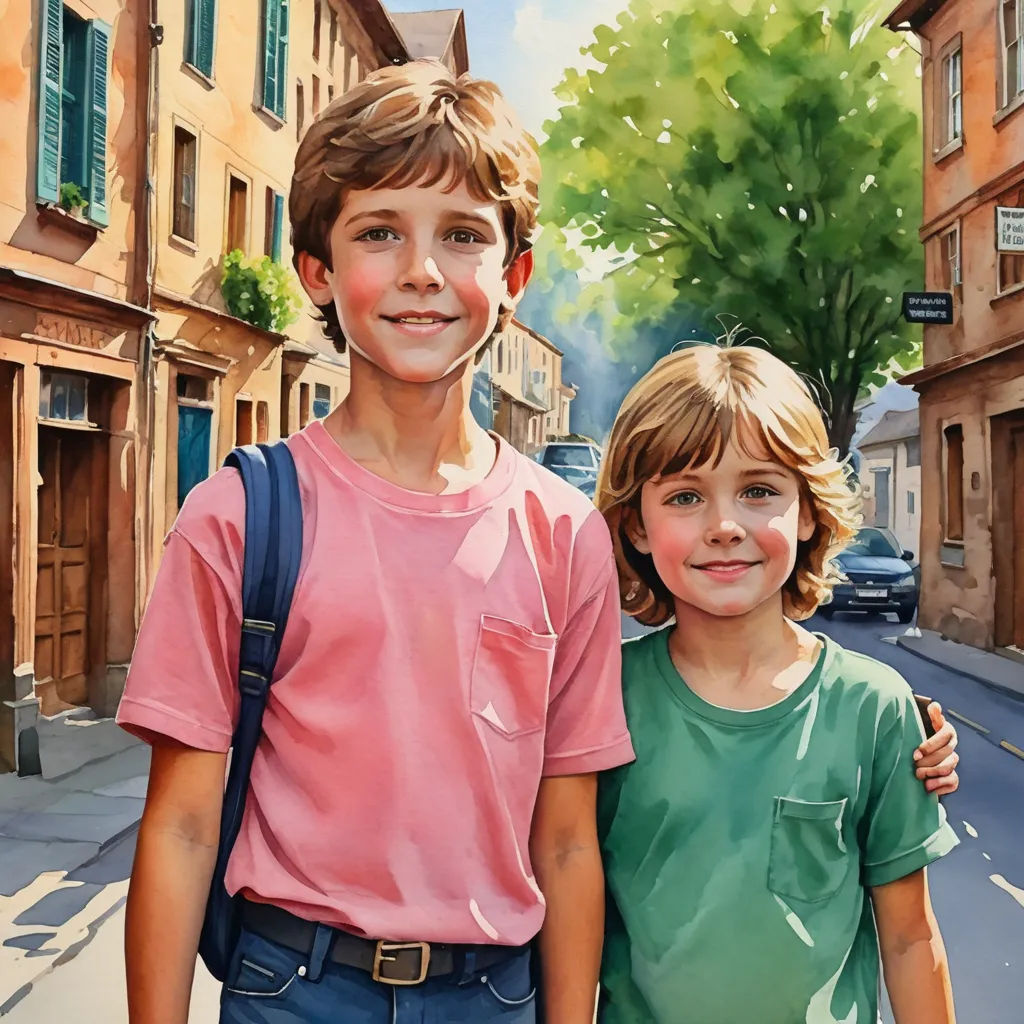two children standing next to each other on a street with buildings in the background and a tree in the foreground, photorealism, a photorealistic painting, Brothers Hildebrandt, extremely detailed oil painting