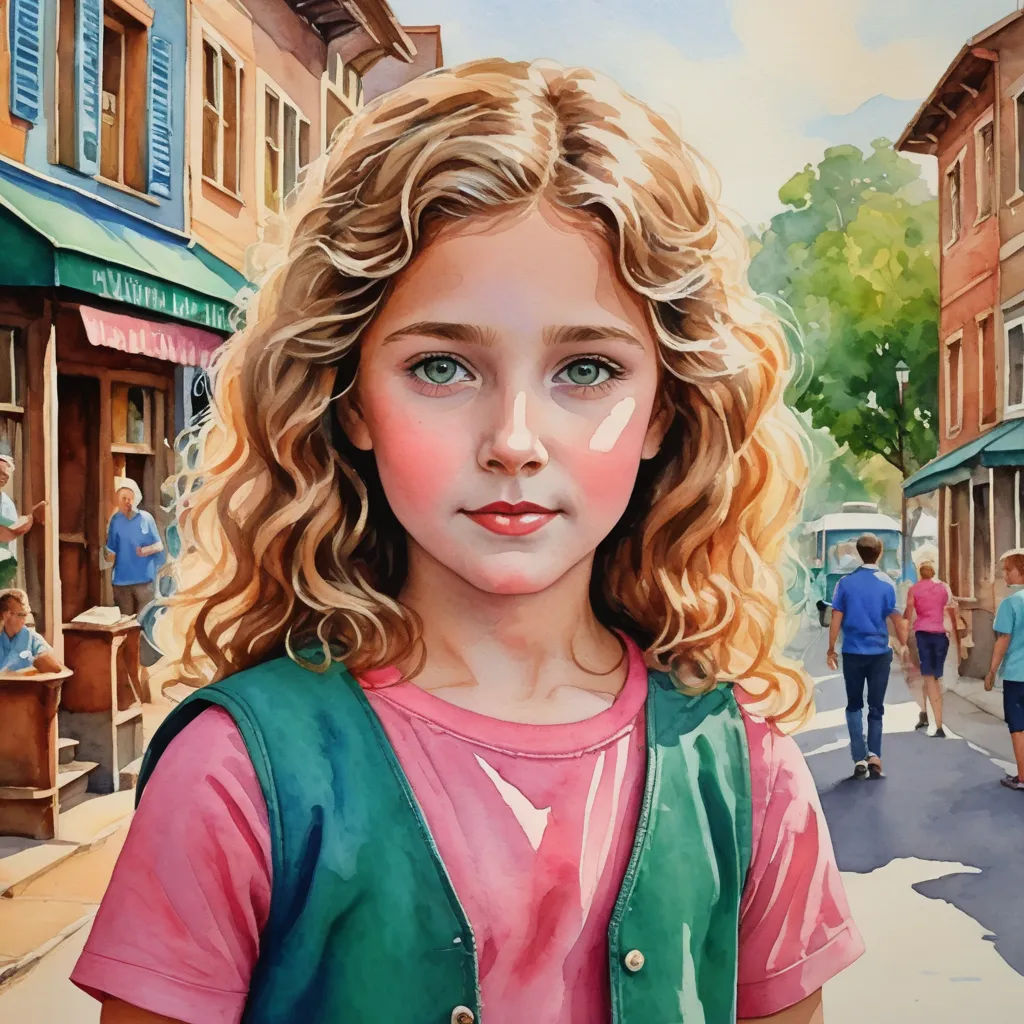 a painting of a girl in a pink shirt and green vest standing in the street with people walking by, photorealism, a photorealistic painting, Bob Byerley, photorealistic portrait
