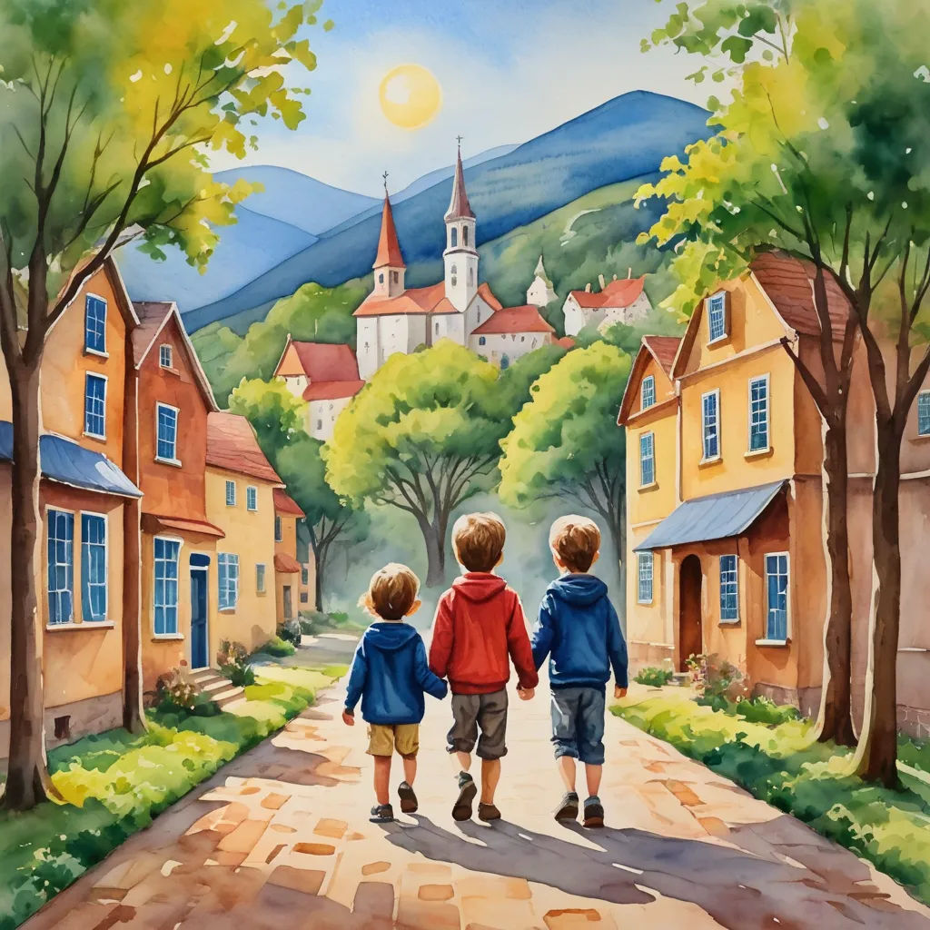 a painting of two children walking down a street in a village with a church in the background and a mountain in the distance, naive art, a storybook illustration, Brothers Hildebrandt, storybook illustration