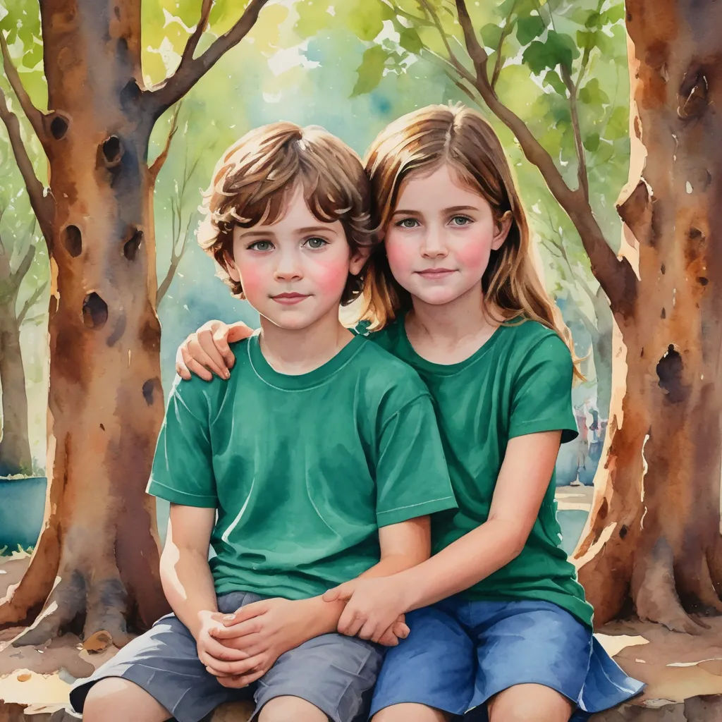 a painting of two children sitting on a bench in a park with trees in the background and a pond in the foreground, photorealism, a photorealistic painting, Brothers Hildebrandt, highly detailed digital painting