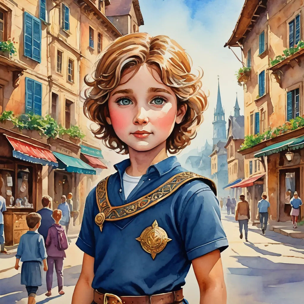 a painting of a boy in a blue shirt and a brown belted belted around his waist and a building with a spire in the background, fantasy art, a storybook illustration, Cedric Seaut (Keos Masons), highly detailed digital painting
