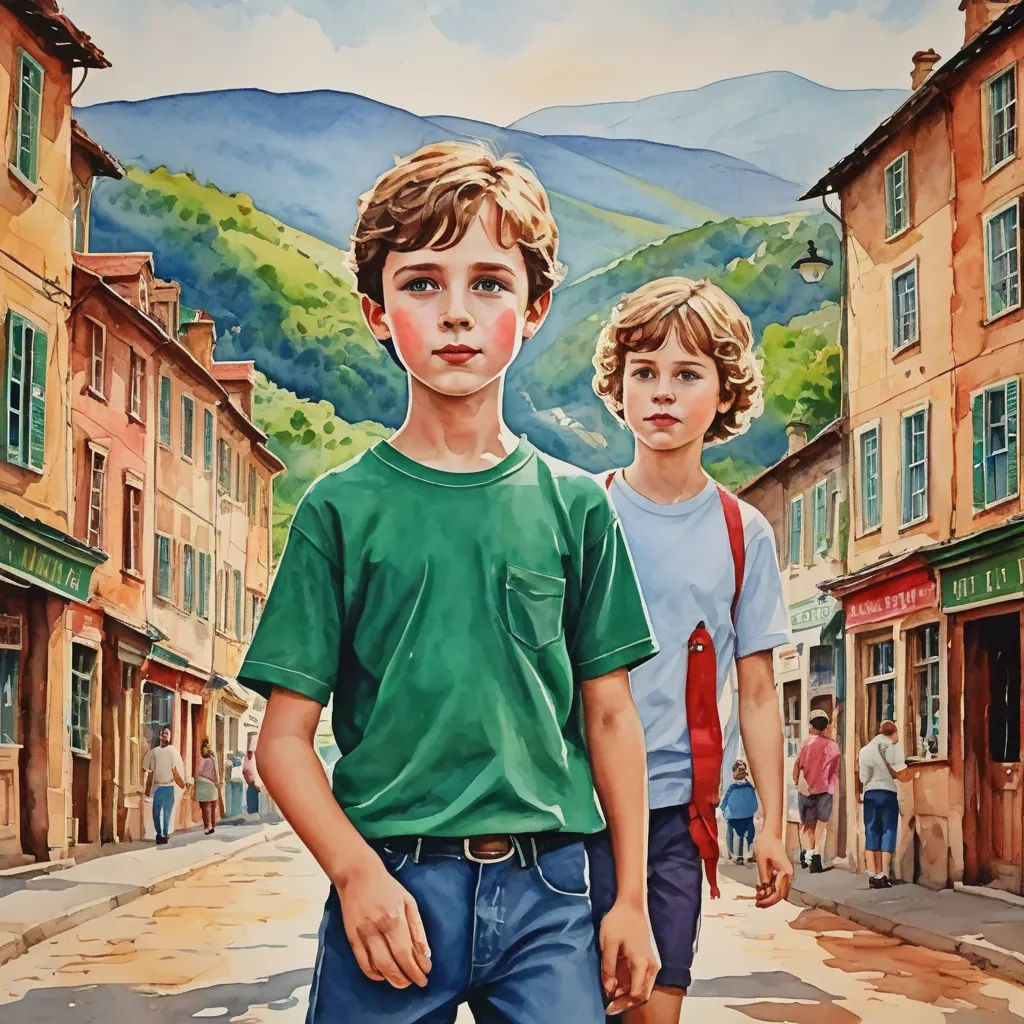 a painting of two boys walking down a street in a town with mountains in the background and a woman walking down the street, figurative art, an ultrafine detailed painting, Bob Byerley, in gouache detailed paintings