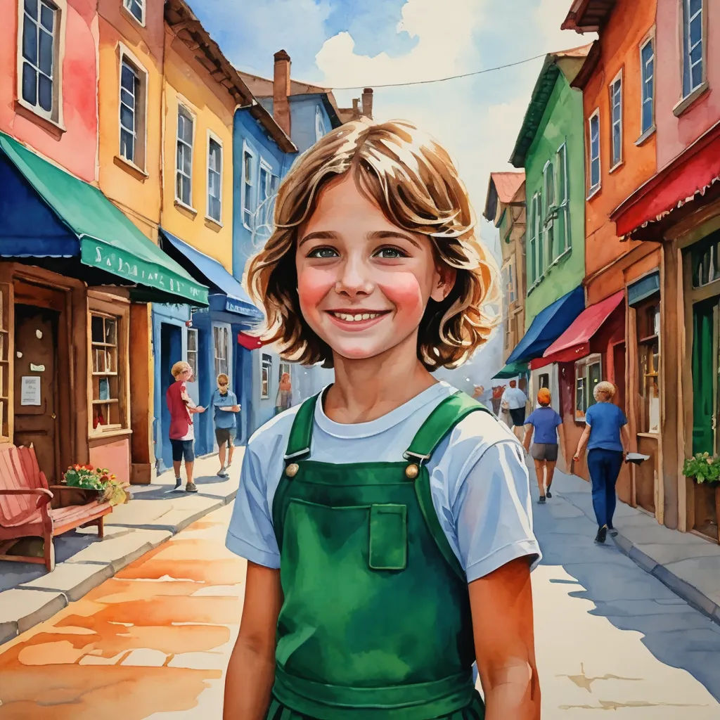 a painting of a child in a green apron on a street with buildings and people in the background and a woman walking down the street, american scene painting, an ultrafine detailed painting, Bob Byerley, detailed painting