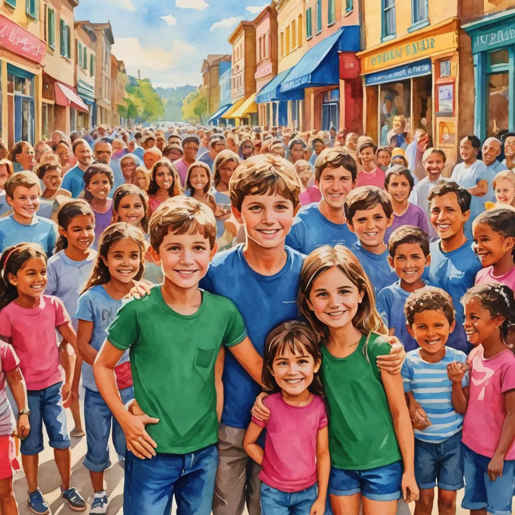 a painting of a group of children in front of a crowd of people in a city street with stores, excessivism, a digital rendering, F Scott Hess, official art