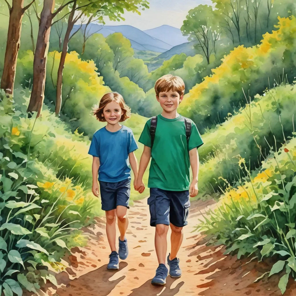 a painting of two children walking down a dirt path in the woods holding hands and smiling at the camera, naive art, an oil on canvas painting, Brothers Hildebrandt, book cover