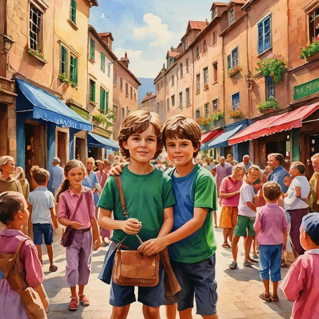 a painting of two boys standing in front of a crowd of people in a city street with buildings and people walking around, photorealism, an oil painting, Brothers Hildebrandt, highly detailed digital painting