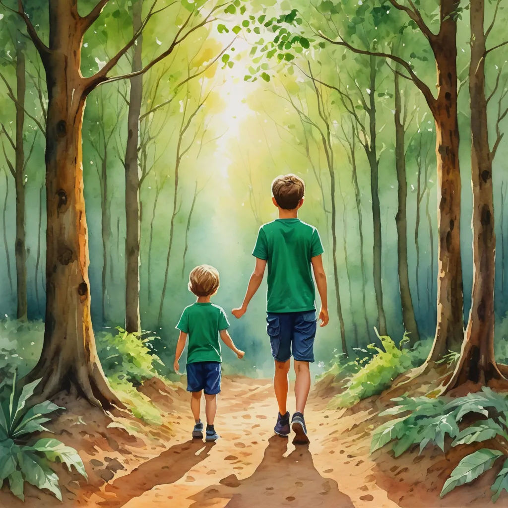 a painting of two children walking down a path in the woods holding hands and looking at the sun shining through the trees, photorealism, a storybook illustration, Brothers Hildebrandt, storybook illustration