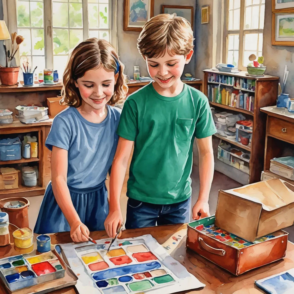 a painting of two children painting on a table with paintbrushes and watercolors on it,, american scene painting, a detailed painting, Bob Byerley, bright studio setting