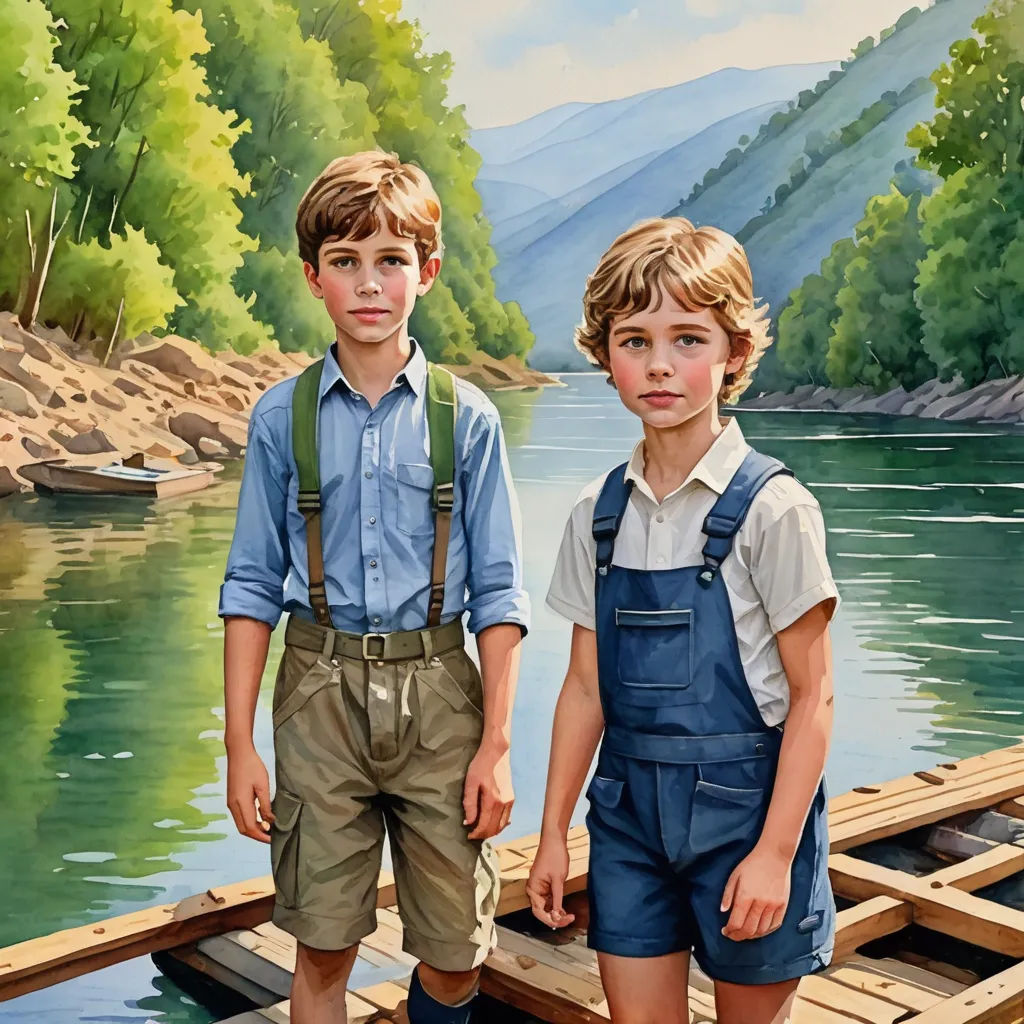 two boys standing on a dock in front of a painting of a lake and mountains with a boat in the water, fantastic realism, a detailed painting, Brothers Hildebrandt, official art