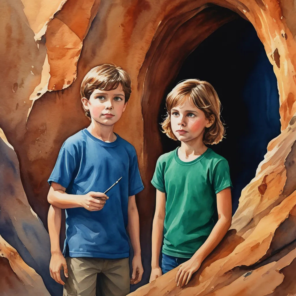 a painting of two boys standing in a cave with a stick in their hand and a rock in the background, figurative art, an ultrafine detailed painting, Elizabeth Durack, in gouache detailed paintings