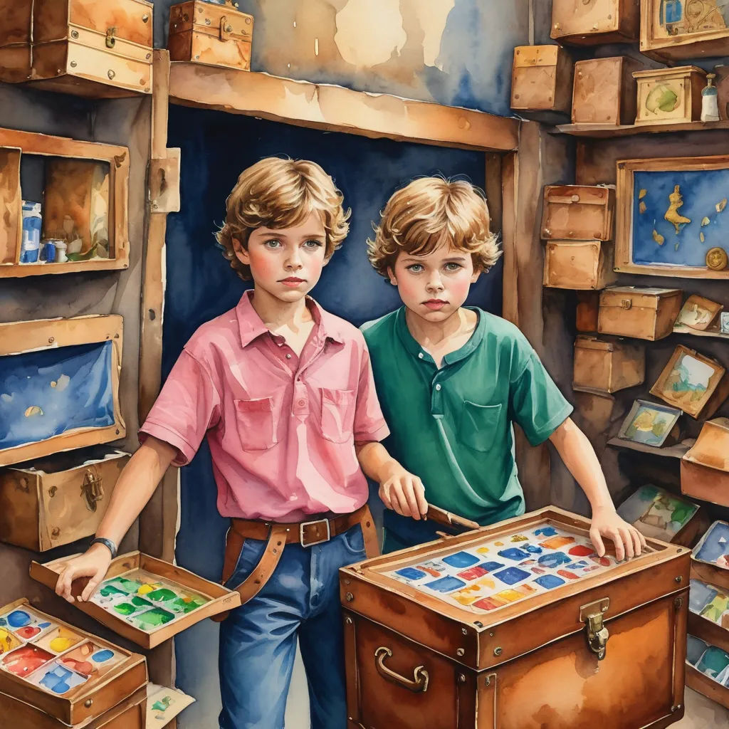 a painting of two boys holding a box of cards in a store with other boxes on the shelves behind them, photorealism, a photorealistic painting, Bob Byerley, highly detailed digital painting