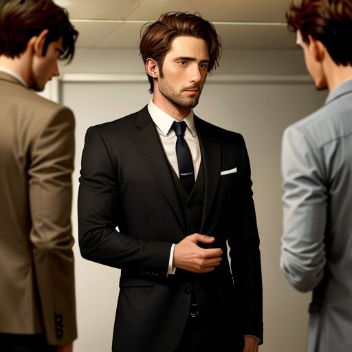 a man in a suit is standing in front of two other men in suits and ties, one of which is wearing a tie