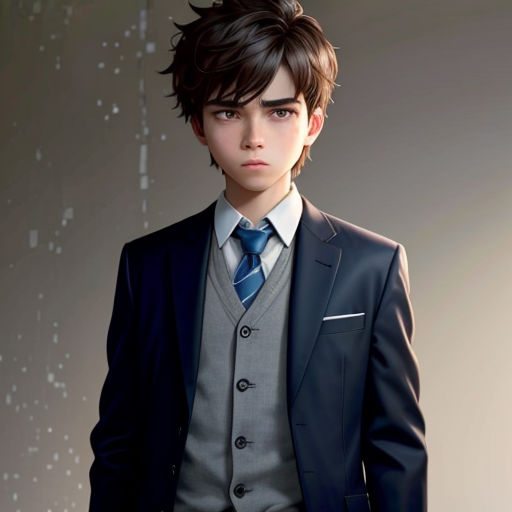 a young man in a suit and tie standing in front of a wall with rain drops on it and a rain drop hanging from the ceiling