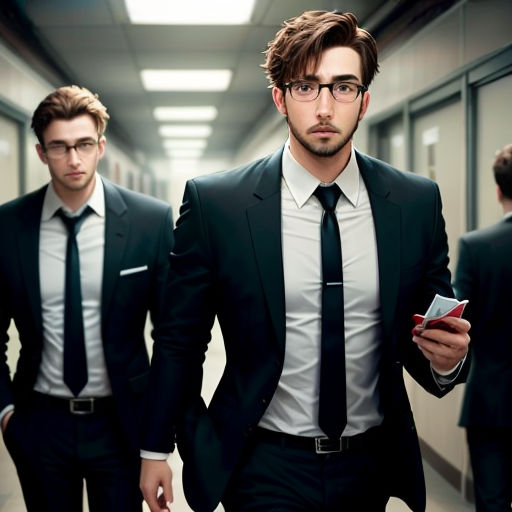 two men in suits walking down a hallway together holding cell phones and looking at the camera with a serious look on their face