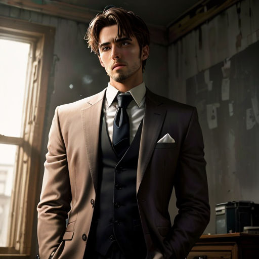 a man in a suit and tie standing in a room with a window and a desk in the background