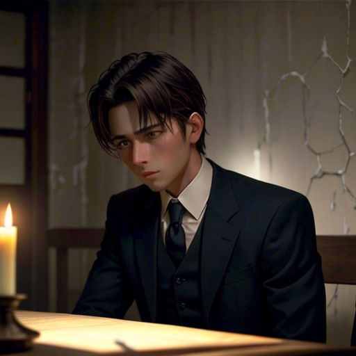 a man in a suit sitting at a table with a candle in front of him and a wall behind him