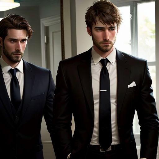 two men in suits standing next to each other in a room with a window and a door in the background