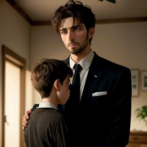 a man in a suit and tie hugging a boy in a suit and tie in a room with a door