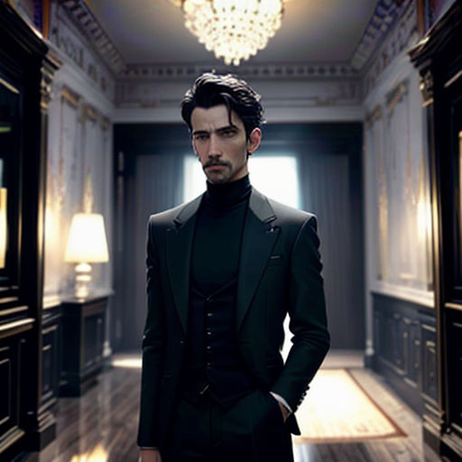 a man in a suit standing in a hallway with a chandelier above him and a chandelier hanging from the ceiling