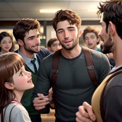 a group of people standing around each other in a room with a man in a suspender and a woman in a green shirt