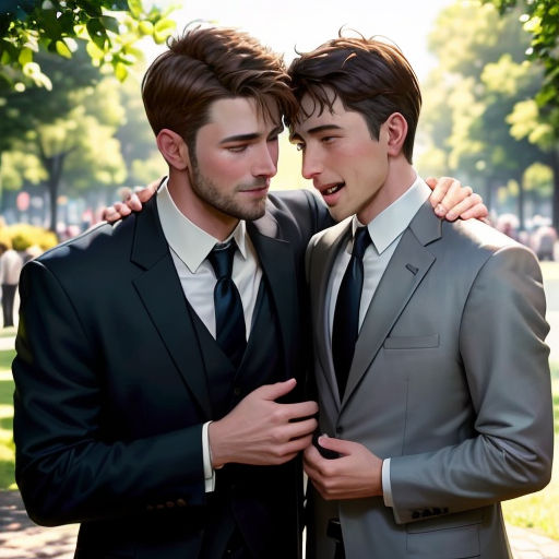 two men in suits are posing for a picture together in a park area with trees and grass in the background