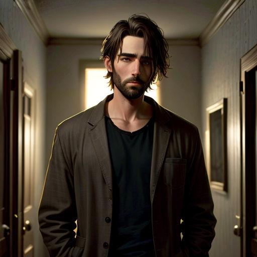 a man standing in a hallway with his hands in his pockets and looking at the camera with a serious look on his face