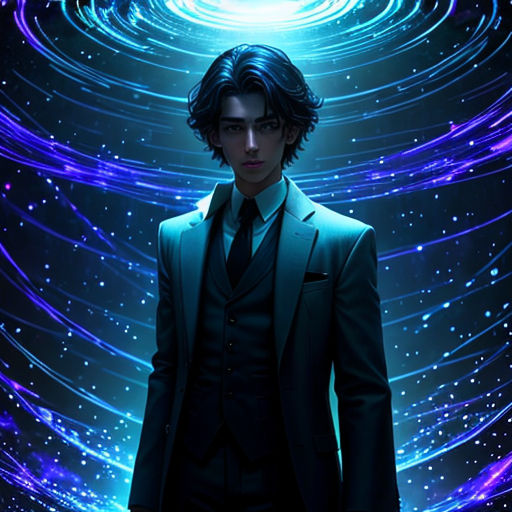 a man in a suit and tie standing in front of a blue and purple background with a spiral of stars