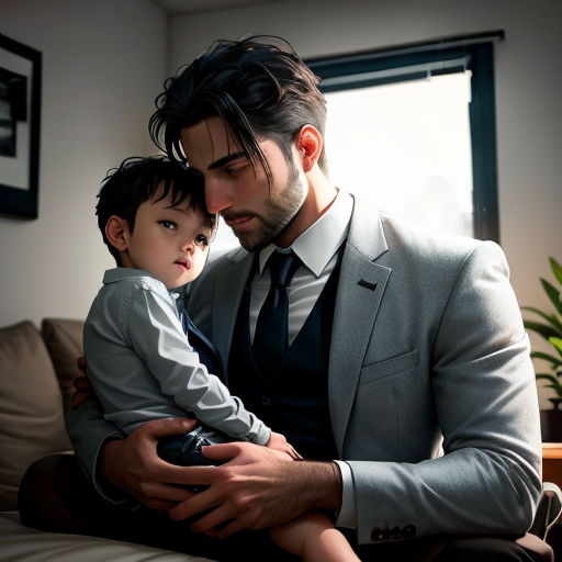 a man holding a small child in his lap while sitting on a couch in a room with a window