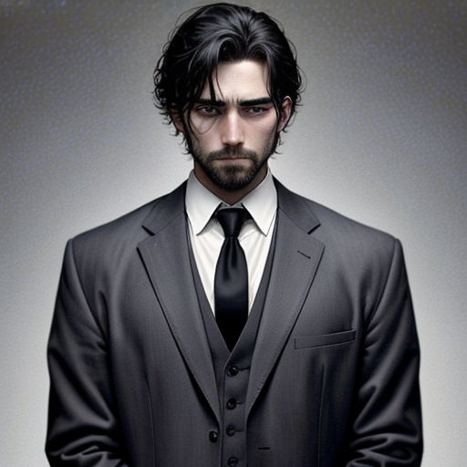 a man in a suit and tie standing in front of a gray background with a black background and a white shirt