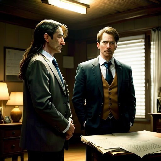 two men in suits standing in a room with a desk and lamp on it, one of them is looking at the other
