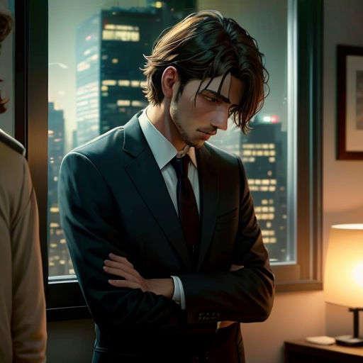a man in a suit and tie standing next to a window with a city view behind him and a woman in a brown coat